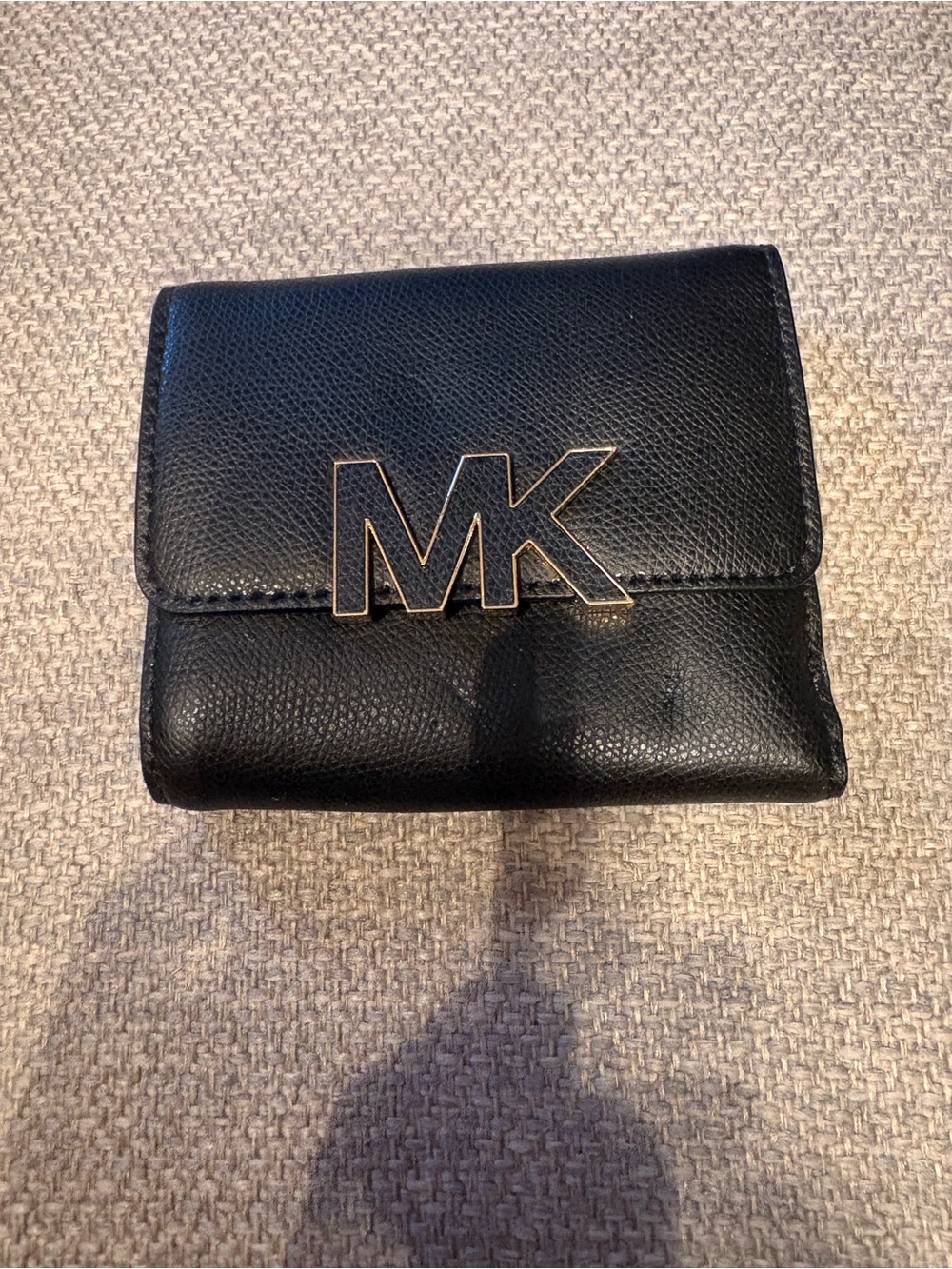 Michael Kors Black Leather Trifold Card Holder with Gold MK Emblem